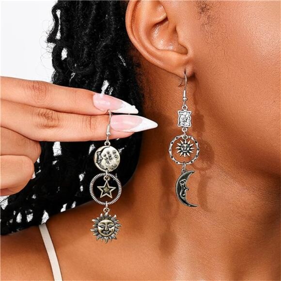 Asymmetrical Sun Moon Star Earrings | Vintage Celestial Dangle Earrings - Picture 2 of 5